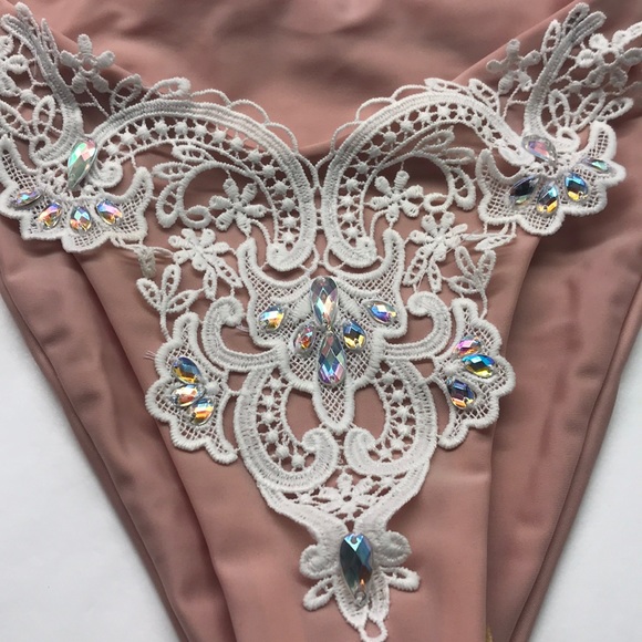 Lace iridescent crystal rhinestone glam bikini nude beige tan sexy swimsuit new - Picture 2 of 3